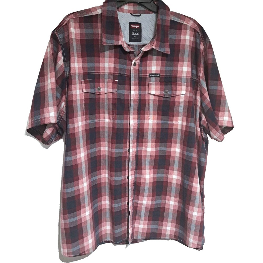 Wrangler Regular Fit Red/Blue Plaid Shirt Short Sleeve Sz 2XL XXL Front Pockets